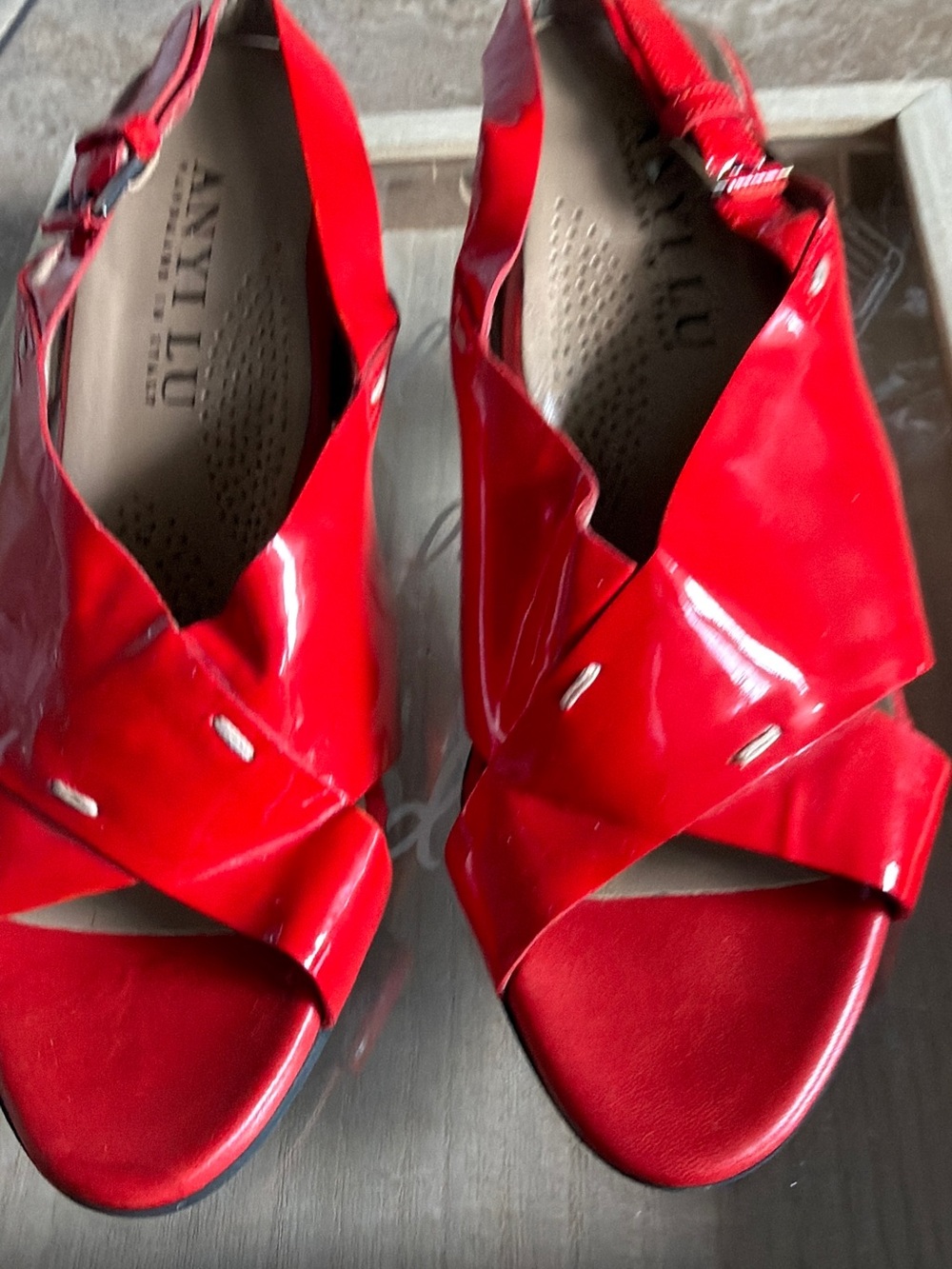 Vaneli Red Patent Crossover Peep-Toe Slingback Sandals